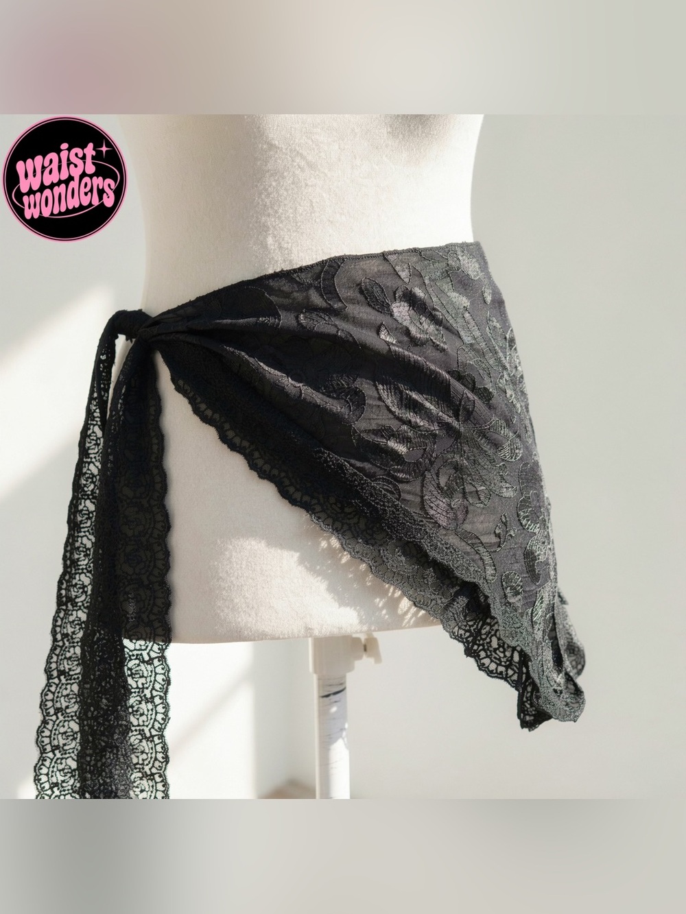 Y2K 2000s style Black lace wrap belt with lace trim